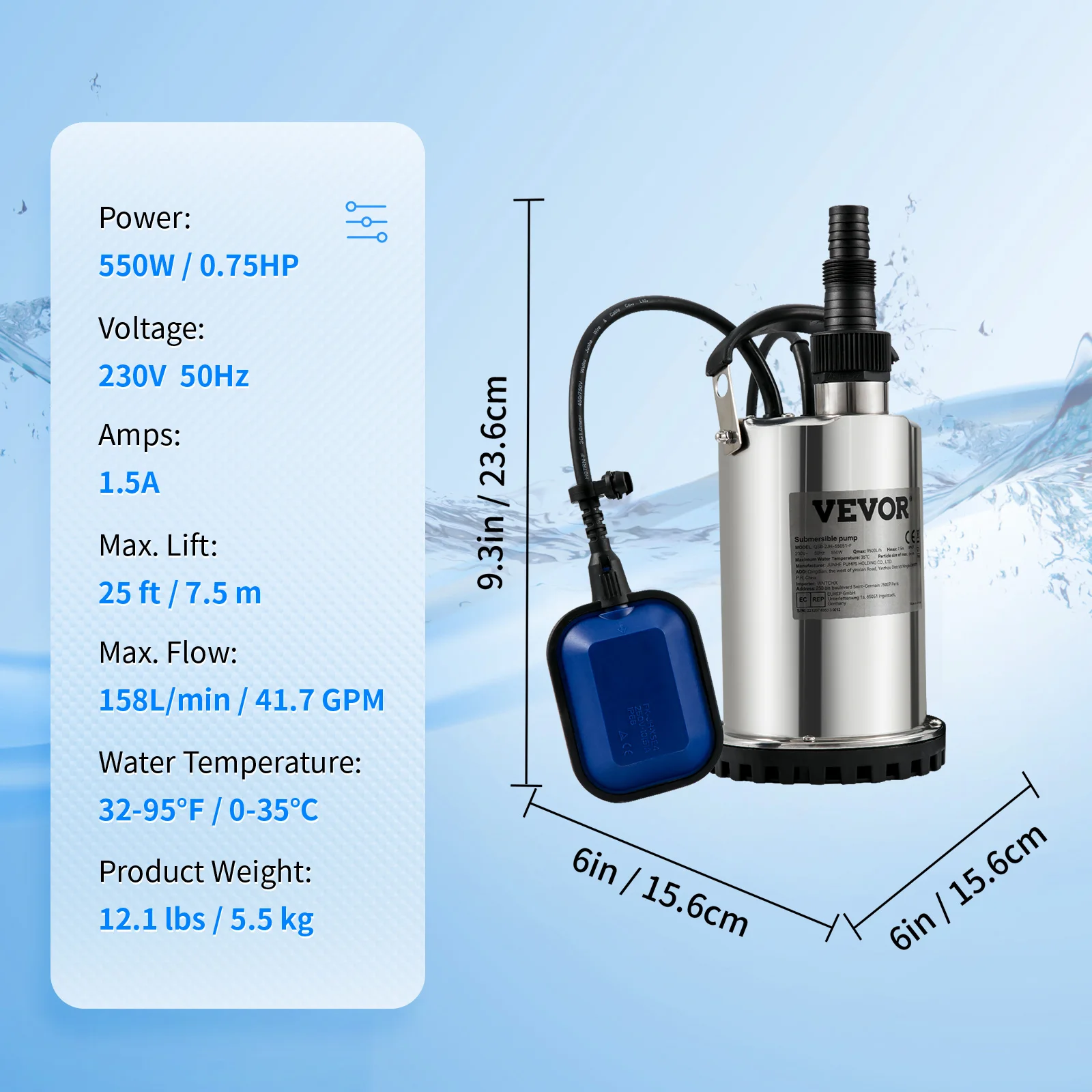SucceBuy Rioolpomp Dompelpomp Waterpomp 550W - 2200W voor het pompen van water van zwembaden, kelders, bubbelbaden