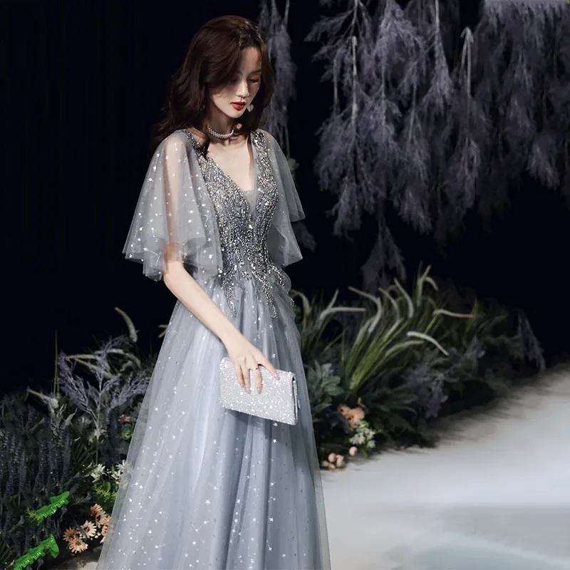 

Evening Dress 2025 New V-neck Sequined Short-sleeved Fluffy Princess Party Dress Formal Dress Women Elegant Evening Dresses