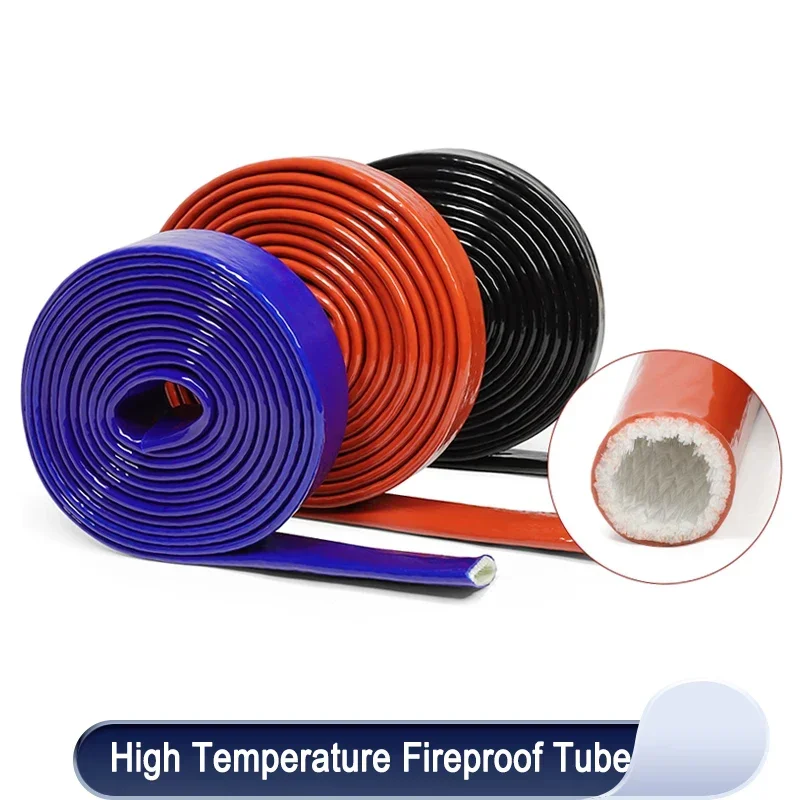 1m Silicone Fiberglass Tube Coated Glass Fiber Braided Fireproof Sleeve Fire Retardant Case High Temperature Cable Sleeve