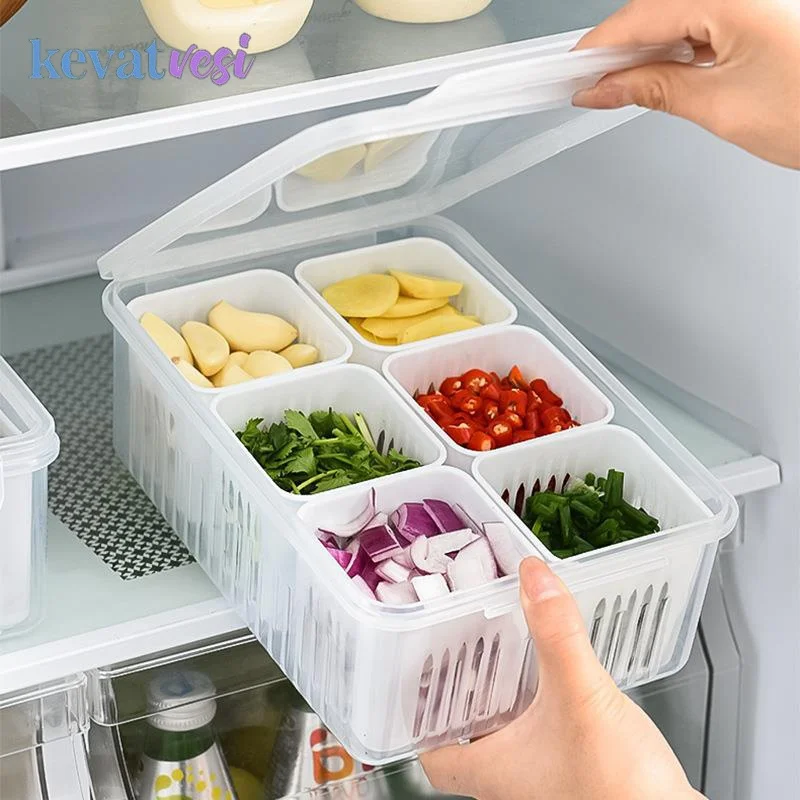 

4/6Grid Refrigerator Storage Box Food Vegetable Fruit Storage Box Fridge Organizer Drain Basket Meat Onion Ginger Clear Crisper