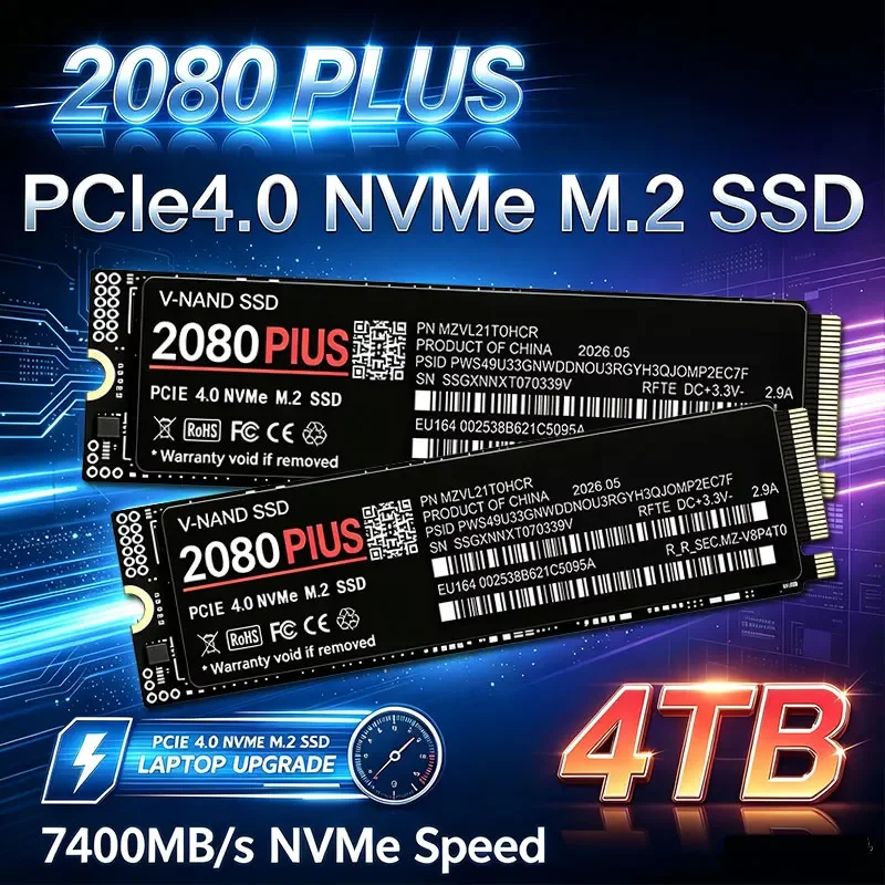 Novo SSD Interno 2080 PLUS 4TB 2TB 500GB 7400MB/s M.2 NVMe PCIe4.0 para Armazenamento de Jogos para Console PS5, Desktop, Laptop e PC