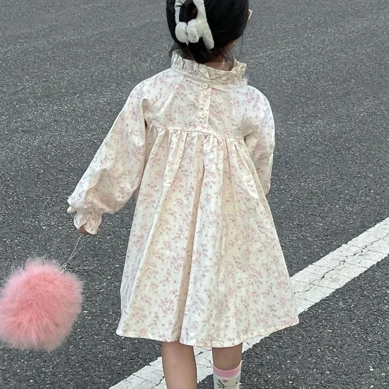 Korean Style Spring Autumn Little Girl Dress Long Sleeves Shirring Floral Stand Collar Children Casual Pleat Loose Dresses H3301