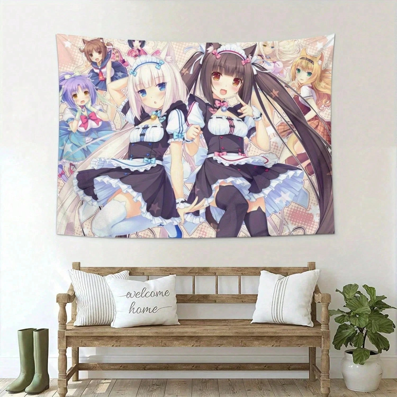 1pc Nekopara Chocola & Vanilla Tapestry, Anime Cat Girl Wall Hanging, Cool Room Stuff, Large Size, Polyester 2D Print, Bedroom S