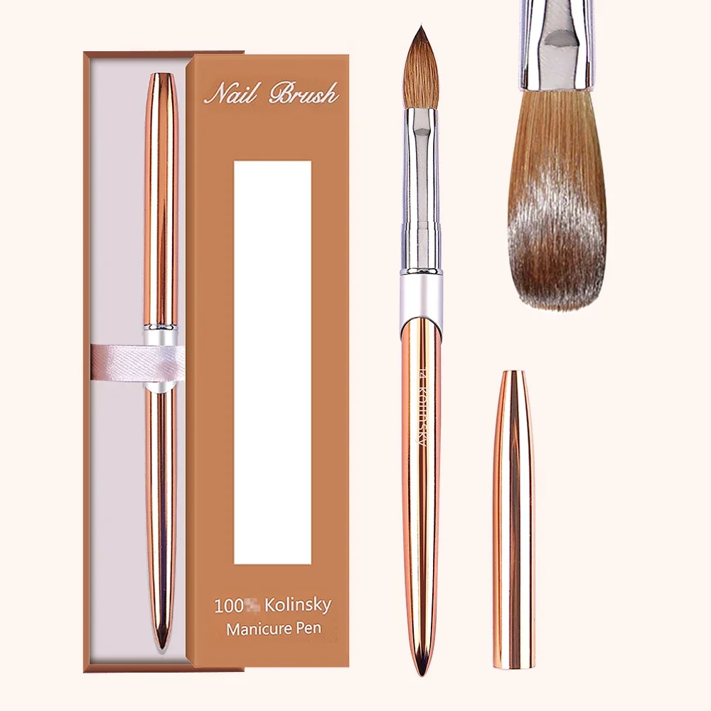 Top Quality Kolinsky Acrylic Nail Brush Nail Salon 100% Pure Rose Gold Oval Crimped Shaped Metal Handle Acrylic Nail Brush