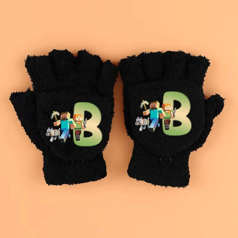 Winter Warm Houden Handschoenen Jongen Minecrafted Zwarte Korte Halve Vinger Gebreide Polshandschoen Mode Accessoires Kinderen Verjaardag Kerstcadeau