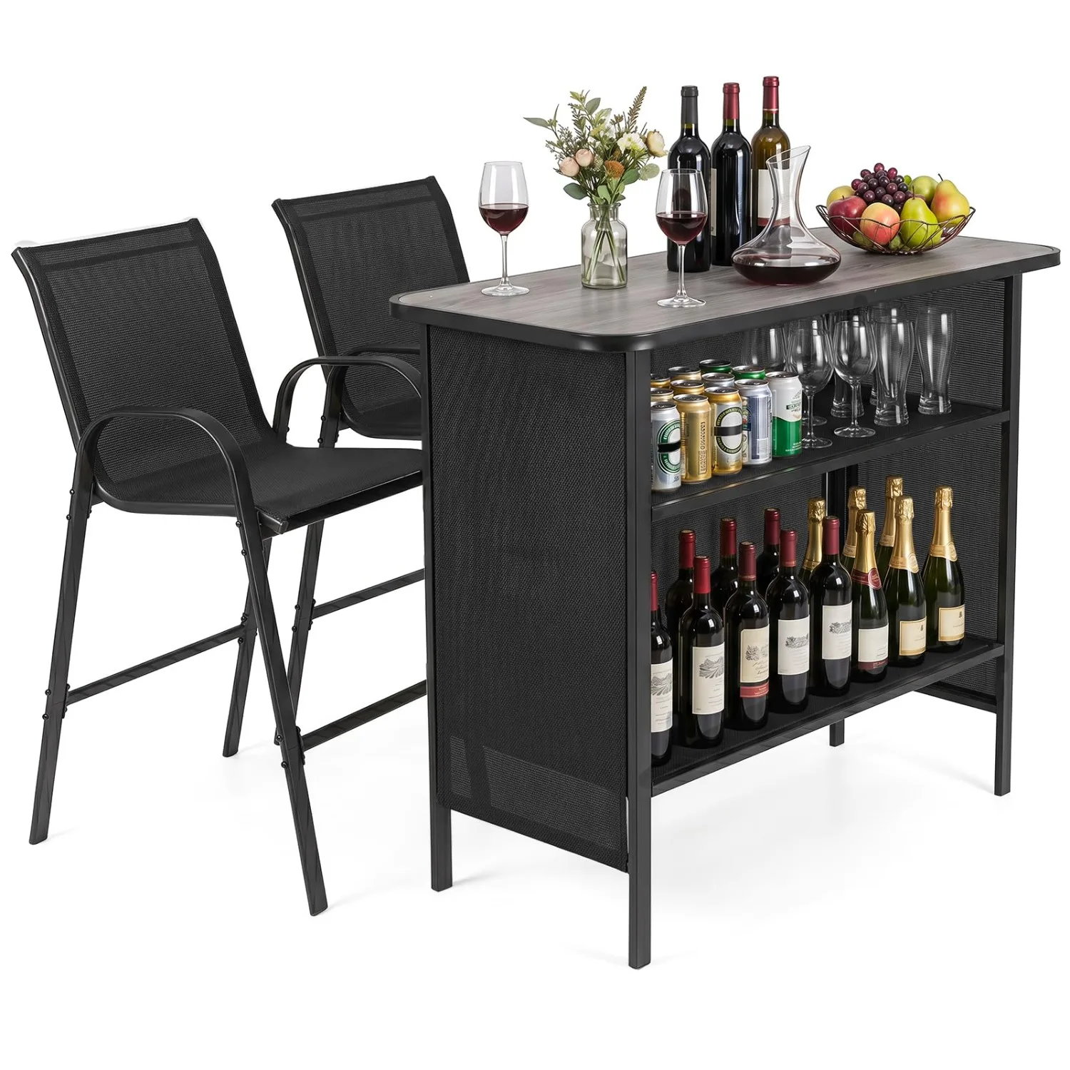 3 Piece Outdoor Bar Set w/Stools | Patio Bar Height Table w/ 2-Tier Storage Shelf | Comfy Design | Heavy Duty Metal