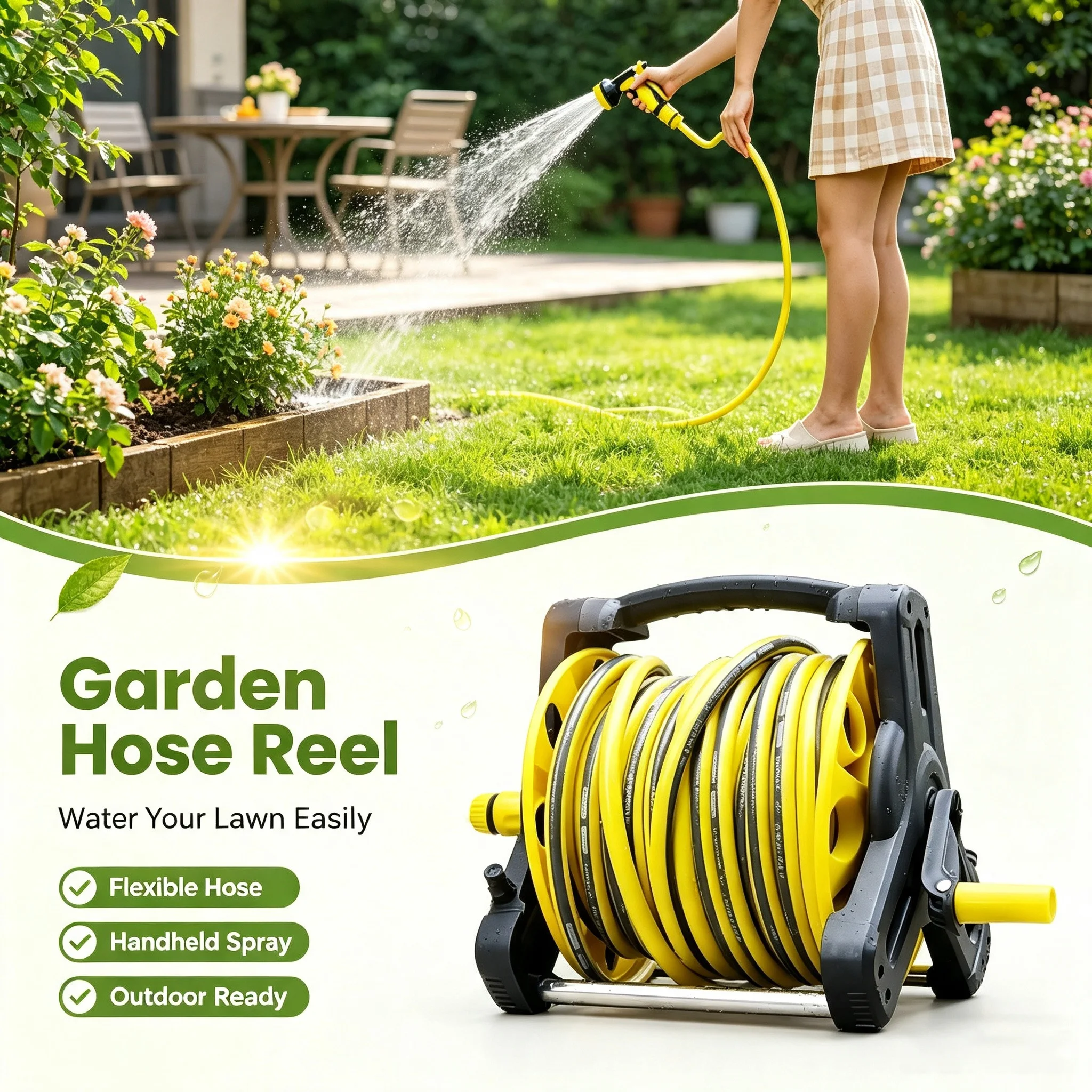 HighPressure Spray Water Gun & Garden Hose Reel Set Portable Watering Tool for Car Wash Backyard Plant Irrigation Gardening Use