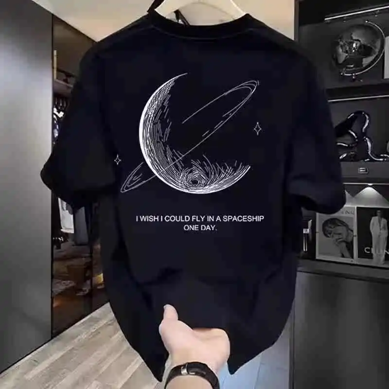 Trend Fashion All-match Summer Pure Cotton Men O-Neck Print High Street Casual Youth Short Sleeve Loose Pullovers T-shirt Tops