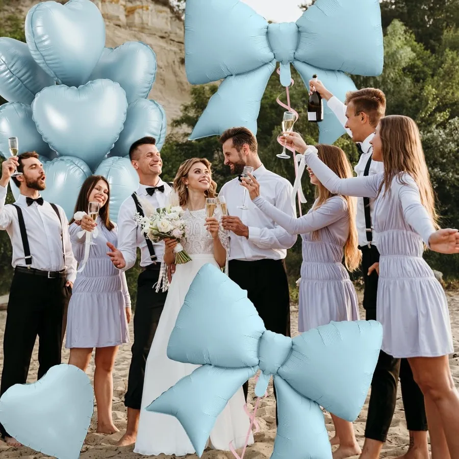 ベビーブルーのハート型バルーン、フォイルボウバルーン10個セット、18インチのハート型バルーンと38インチのヘリウムライトブルーボウフォイルバルーン