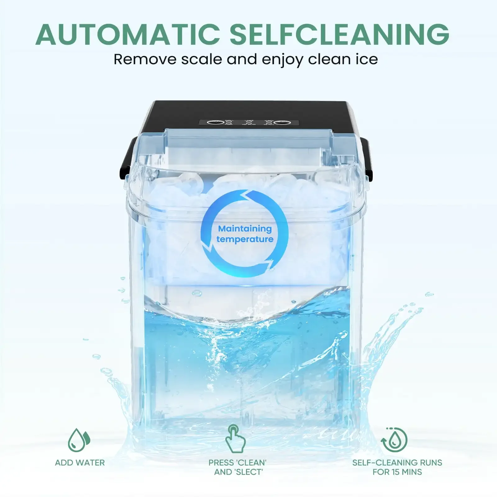 Countertop Ice Maker, Machine Self-Cleaning, 2 Sizes Bullet Ice, Portable Ice Machine with Ice Scoop, Basket and Handle, Black