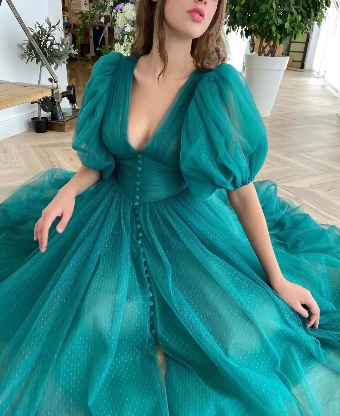 Puffy Sleeve Prom Dresses for Women Dotted Tulle V Neck Formal Evening Party Gowns Tea Length Formal Dress Women Elegant