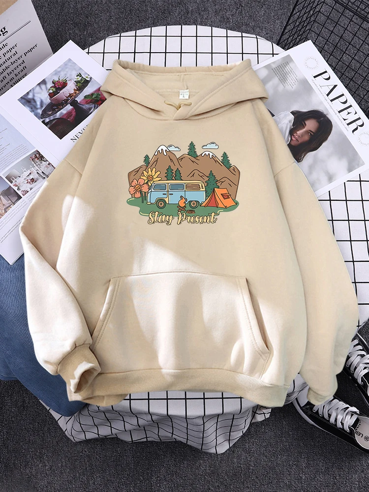 Take A Bus To Go Camping Around The Mountain Area  Hoodies Womens Crewneck Pullover Cartoons Hip Hop Sweatshirt Casual Hoody