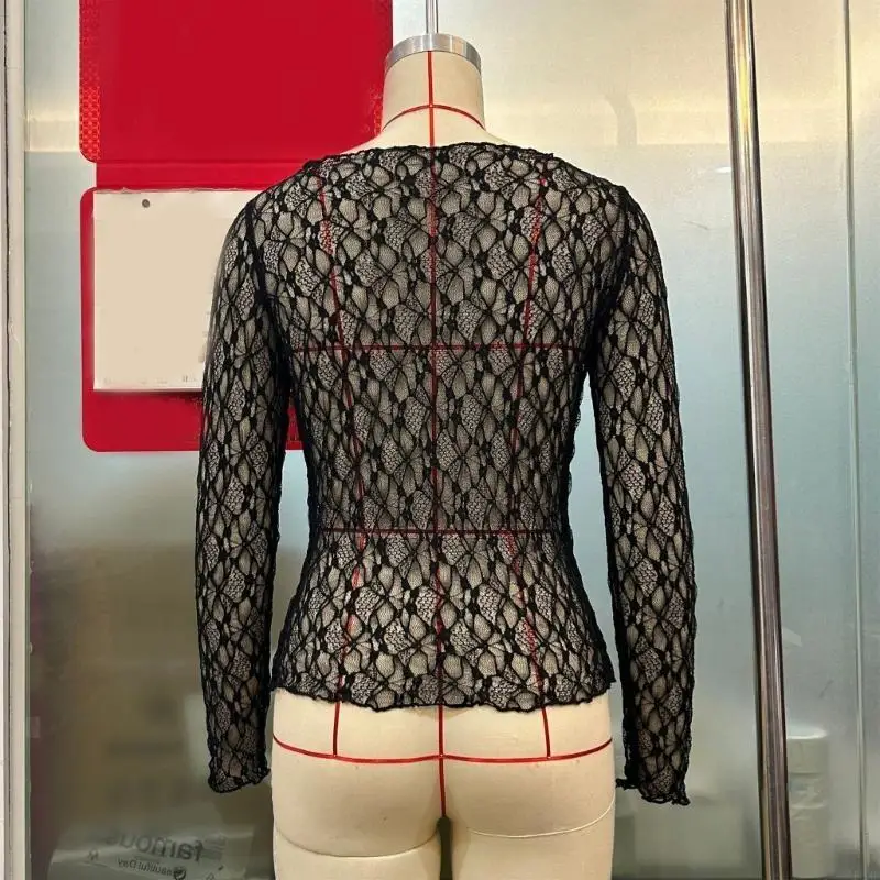 Mujeres cuello redondo manga larga pura shingcon top-top color sólido Ver a través camiseta blusa encaje flores