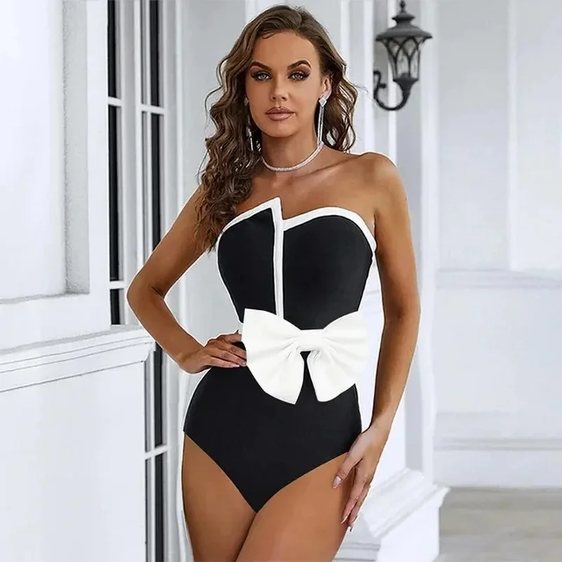 2024 Women Swimsuit Black Off Shoulder Bow Tie and Skirt Swimwear Set Vacation Beachwear Luxury Bathing Suit One Piece