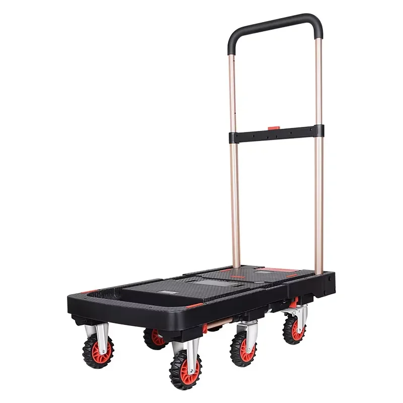 Plastic Platform Handcart Trolley Six-Wheel Foldable Flatbed Industrial Cargo Cart 175kg Load Capacity Powder Shopping Tools