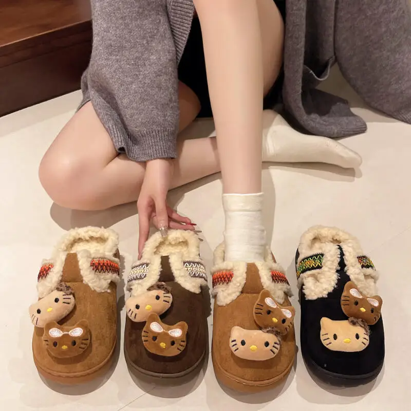 

Аниме Y2K Hello Kitty, плюшевые тапочки, мягкие женские хлопковые тапочки, милая теплая домашняя обувь, уличная обувь на толстой подошве, плюшевый подарок для девочек