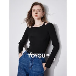 TOYOUTH Women Knitwear 2024 Autumn New Round Neck Off Shoulder Slim Waist Elegant Style Pullover Pullover Sweater Tops