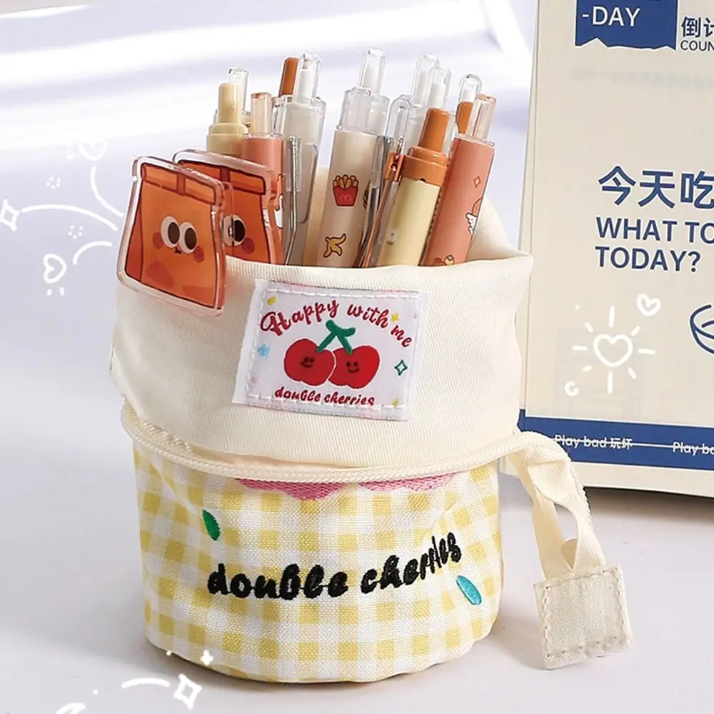 Gifts Portable Plaid Pen Bag Contrast Color Dopamine Vertical Pen Holder Large Capacity Stationery Bags