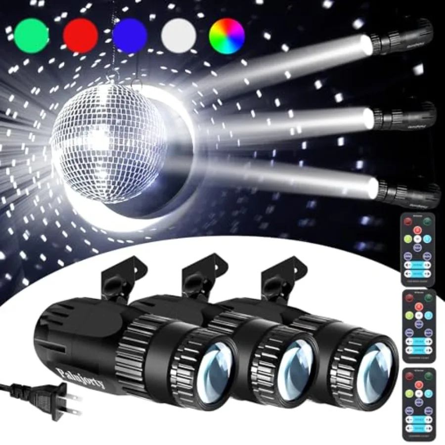 

Pack Disco Ball Spotlight, 5W RGB Pinspot Light with Remote, 0° Rotation, 0+ Color Effects, 65" Cord for Ceiling, Stage, Club,