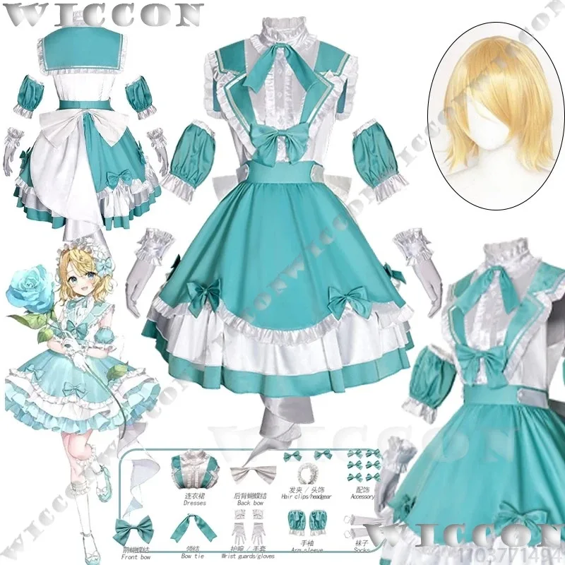 Kostium Cosplay Rin 16th Virtual Idol, Peruka Blond, Rekwizyt, Urocza Sukienka Lolita, Niebiesko-Zielony Garnitur, Dziewczyna Kobieta Halloween Party, Personalizowanyx;3