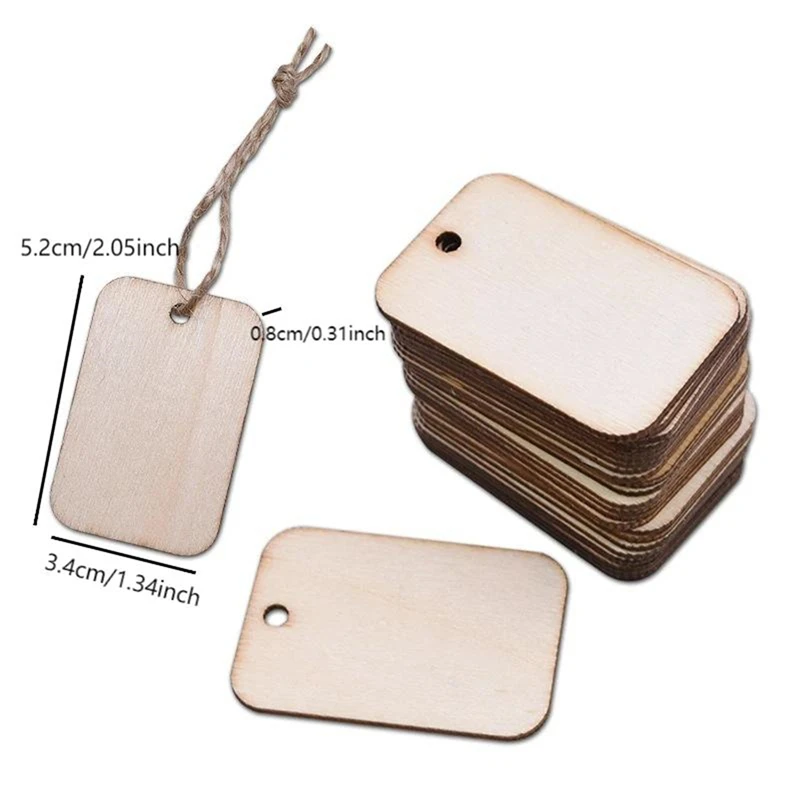 Unfinished Nature Wood Slice Gift Tags Blank Rectangle Wooden Hanging Label With Hemp Ropes for Wedding Party DIY Decor