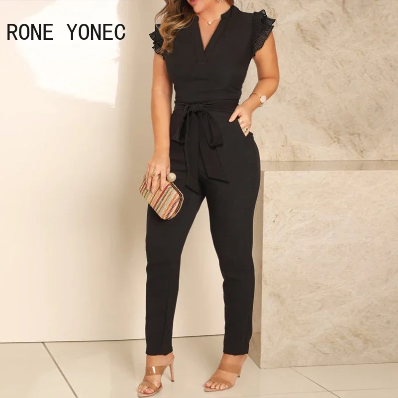 Women V-neck Flying Sleeve Pleated Jumpsuit With Belt  Women Office Lady Jumpsuit