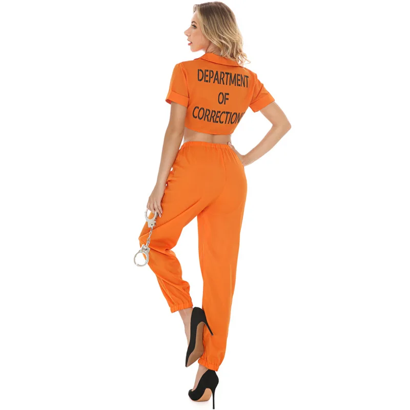 Halloween Gevangene Kostuum Losse Elastische Volwassen Dames Oranje Brief Bedrukt Street Hiphop Split Vetershirt