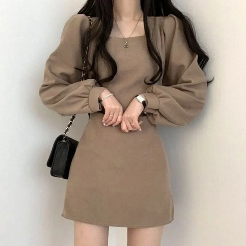 

Vintage Women Square Neck Puff Sleeve Short Dress Autumn Temperament Slim Fit Aline Dresses Party Prom Dresses Vestido De Mujer