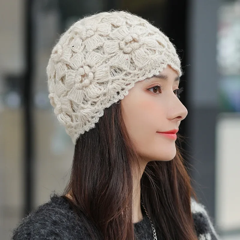 Spring Autumn Handmade Knitted Hat Women Fashion Solid Color Lace All-match Woolen Hats Temperament Elegant Ladies Beanie шапка