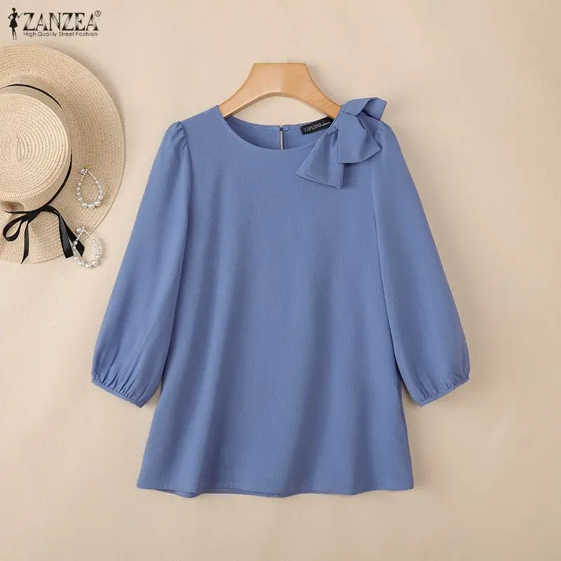 

2026 ZANZEA Female Short Sleeve O Neck Tops Summer Office Shirt Elegant Women OL Work Blouse Stylish Solid Bows Holiday Tunic