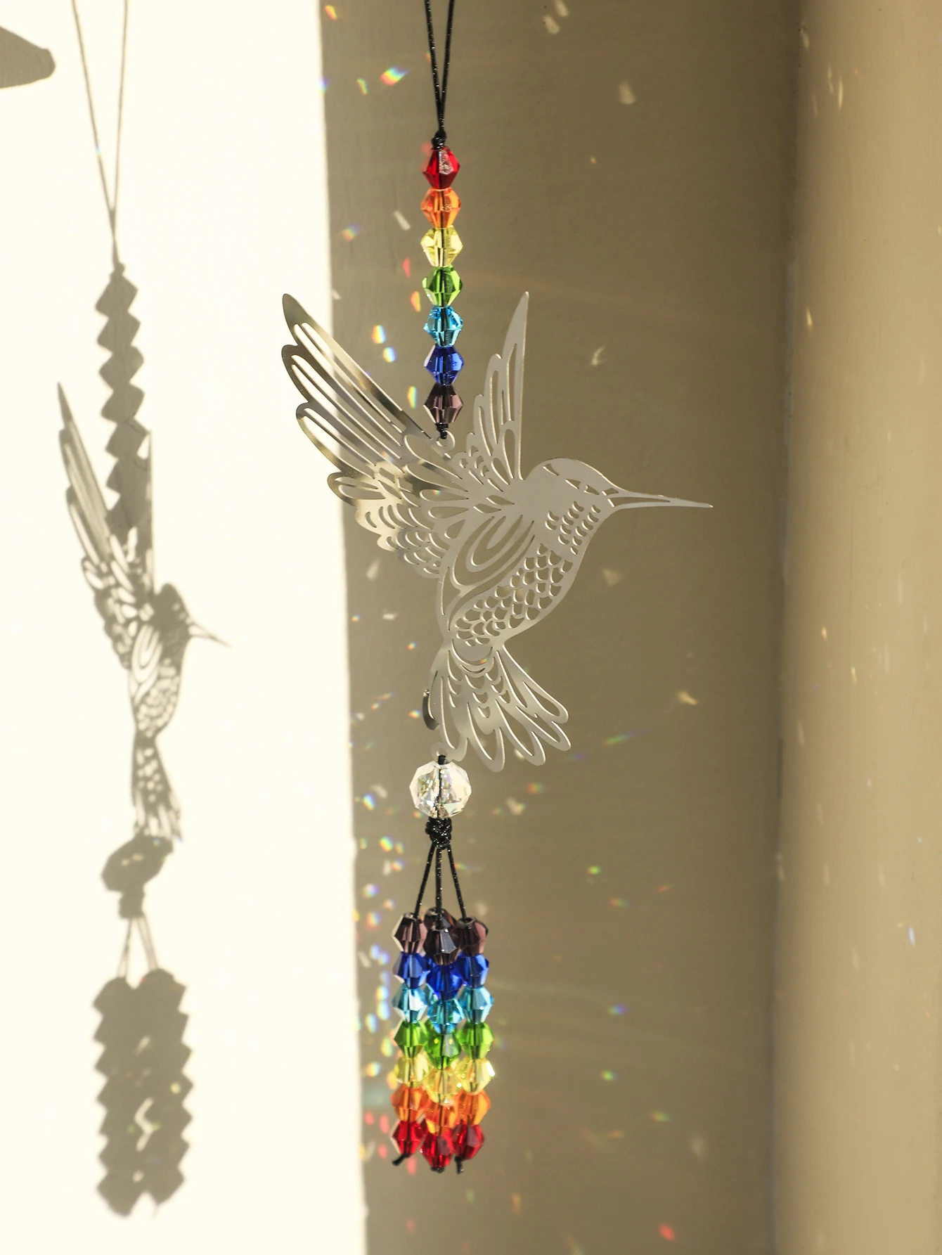 Silver Bird Suncatcher Stained Glass Rainbow Maker Light Catcher 7 Chakras Crystal Sun Catcher Outdoor Garden Hanging Decor Gift