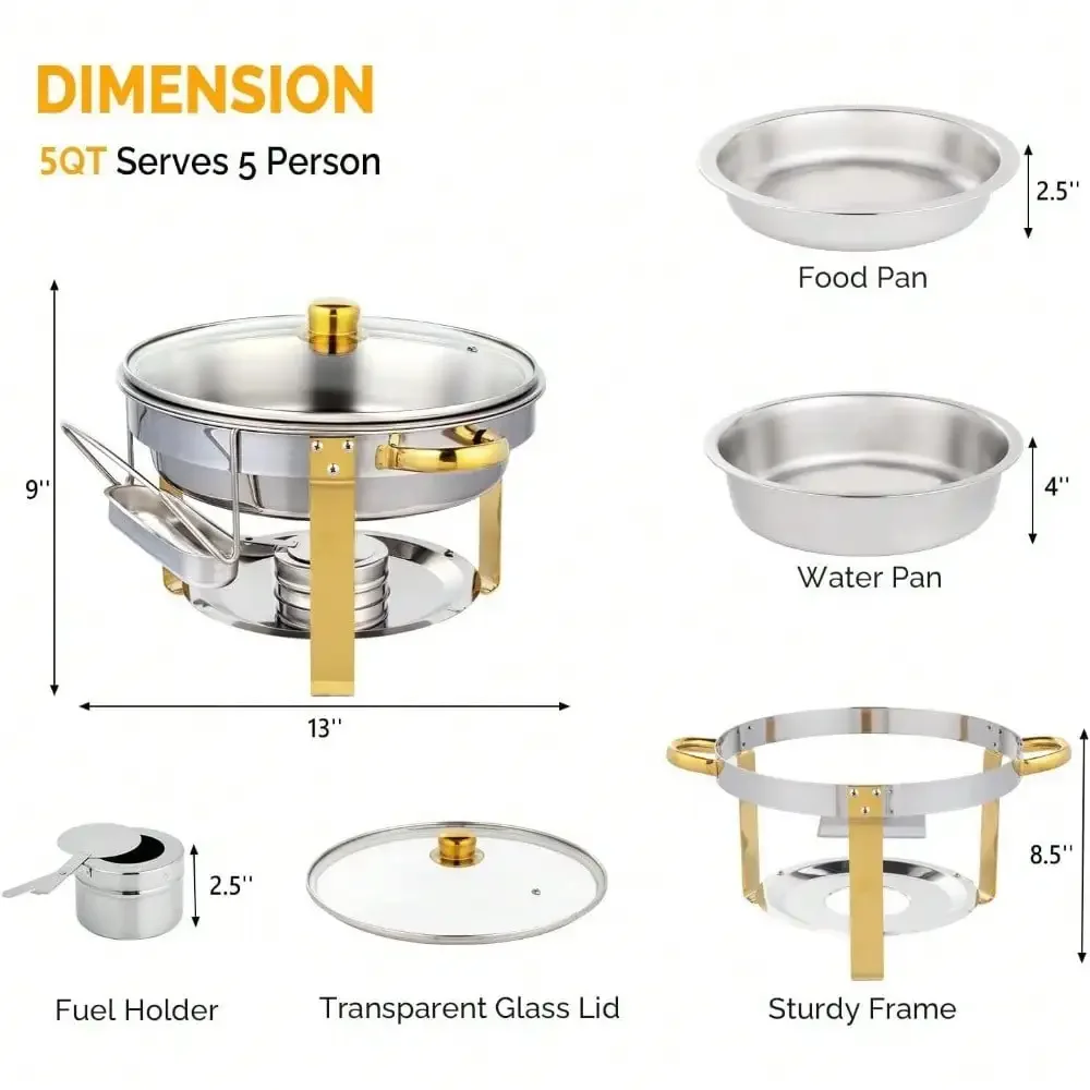 5QT 4 pacotes de conjunto de buffet de prato de atrito de aço inoxidável com tampa de vidro e suporte de tampa