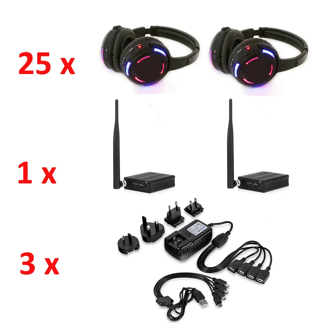 

RF Silent Disco Wireless Sound System 25 Headphones with 1 Transmitters and 3 chargers