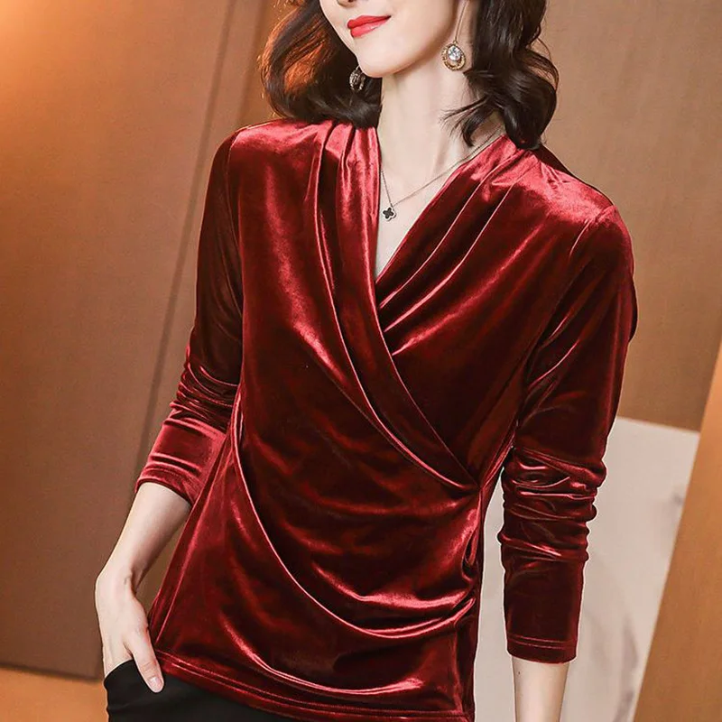 Elegant V-Neck Solid Color Folds Blouse Women\'s Clothing 2022 Autumn New Oversized Casual Pullovers Loose Office Lady Shirt