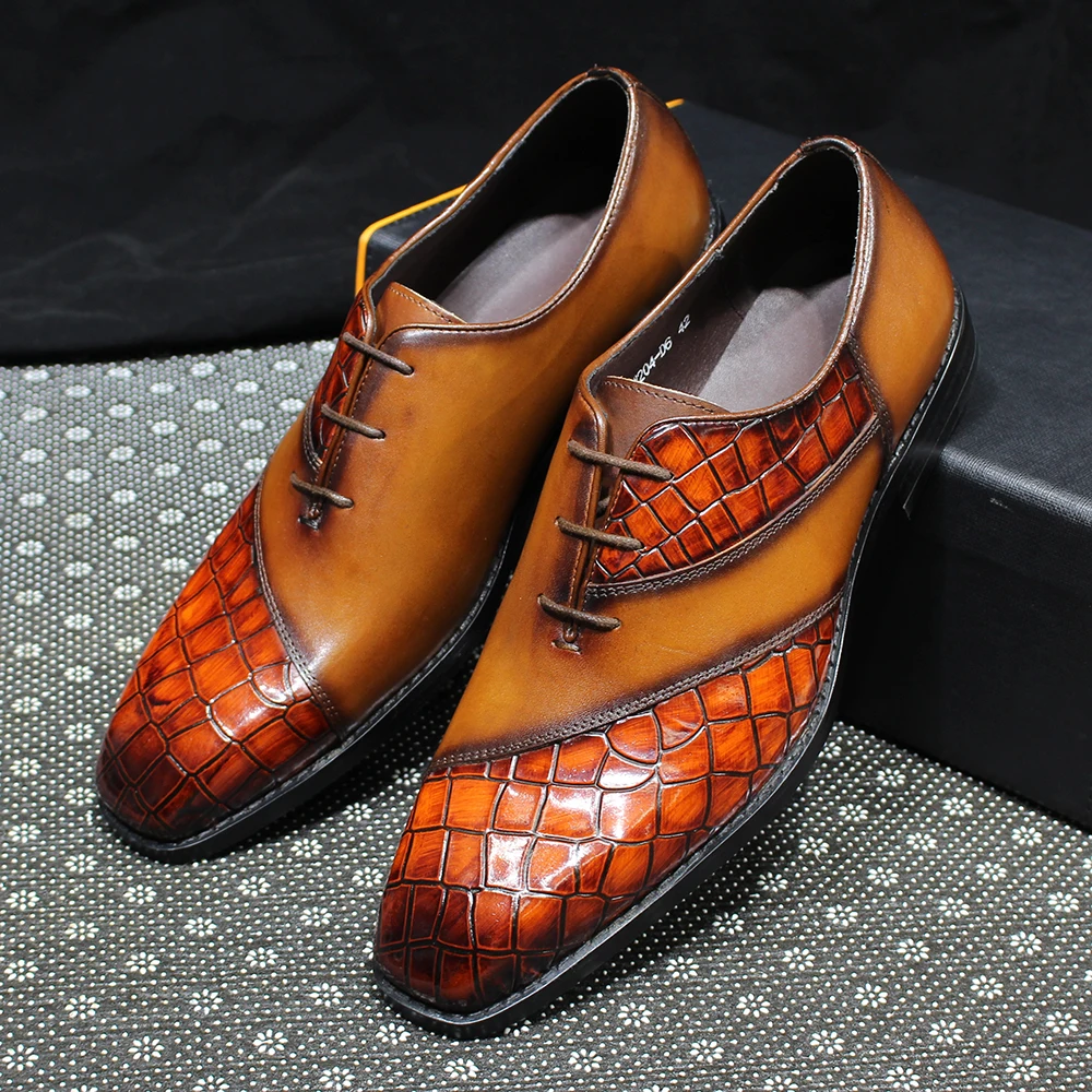 

Luxury Men's Oxfords Genuine Patent Leather Crocodile Pattern Handmade Lace-up Wedding Party Office Formal Dress Shoes for Men