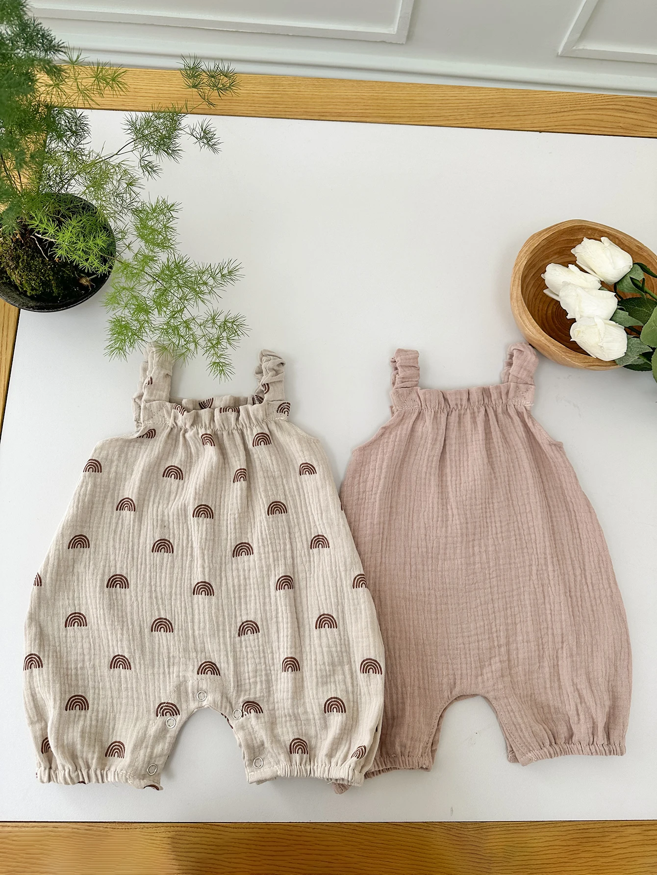 2pcs Baby Romper Suit Rainbow Dandelion Organic Cotton Sleeveless Sling Romper Infant Overall Bodysuit Summer Baby Straps Pants