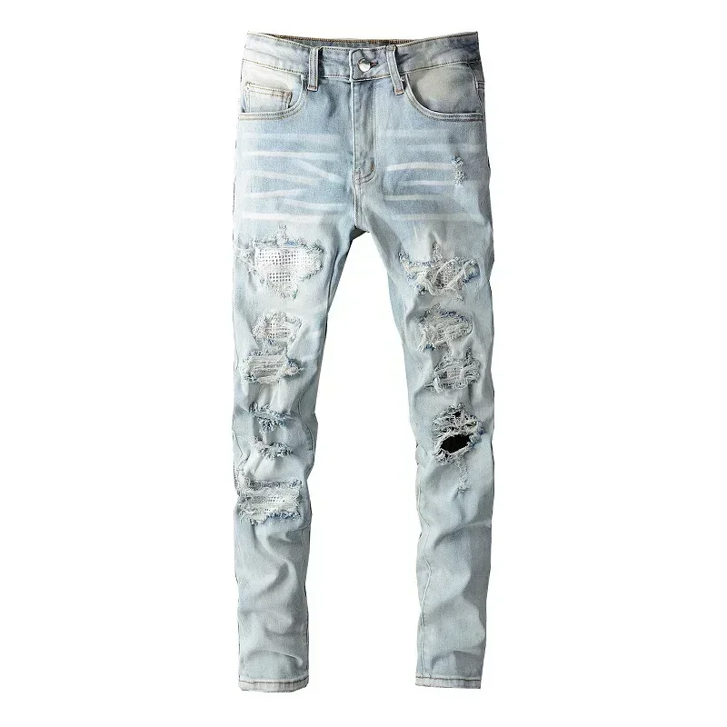 

2024 Fashion Men's High Street Trendy Brand Jeans, New Trendy Youth Blue Ripped Skinny Slightly Elastic Casual Trousers