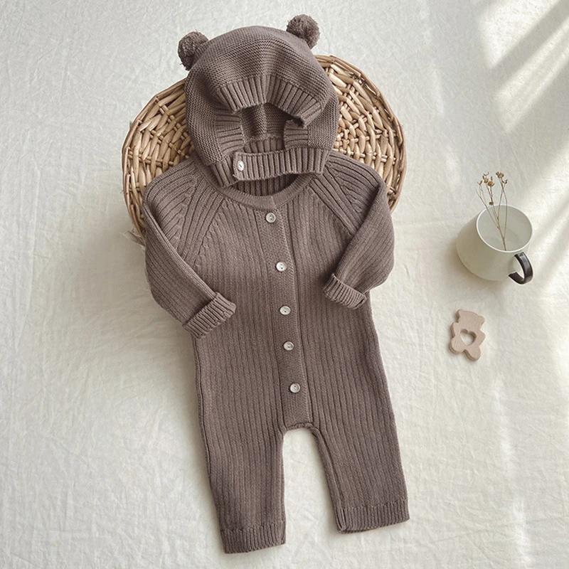 Korean Style Newborn Baby Boys Girls Jumpsuit+Hat Long Sleeve Knitting Solid Color Romper Spring Autumn Baby Boys Girls Clothes