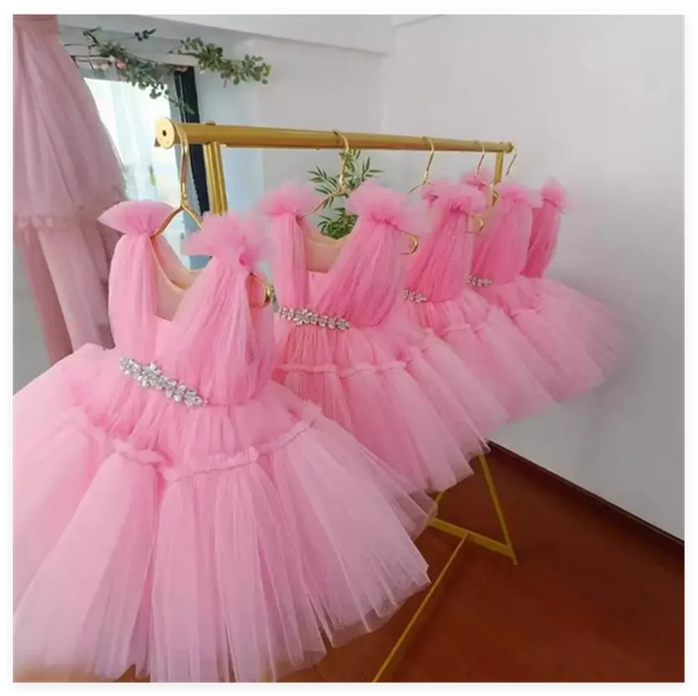 New Children's Host Catwalk Ball Gown Sleeveless Beading Design Wedding Birthday Baptism Party Girls Pink Dress