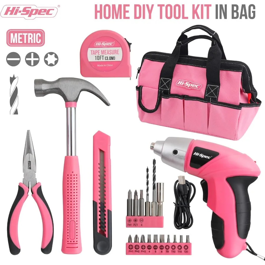 Hi-Spec 21-Piece Pink Tool Set with 3.6V USB Electric Power Screwdriver Tools for Women Ladies with Portable Bag