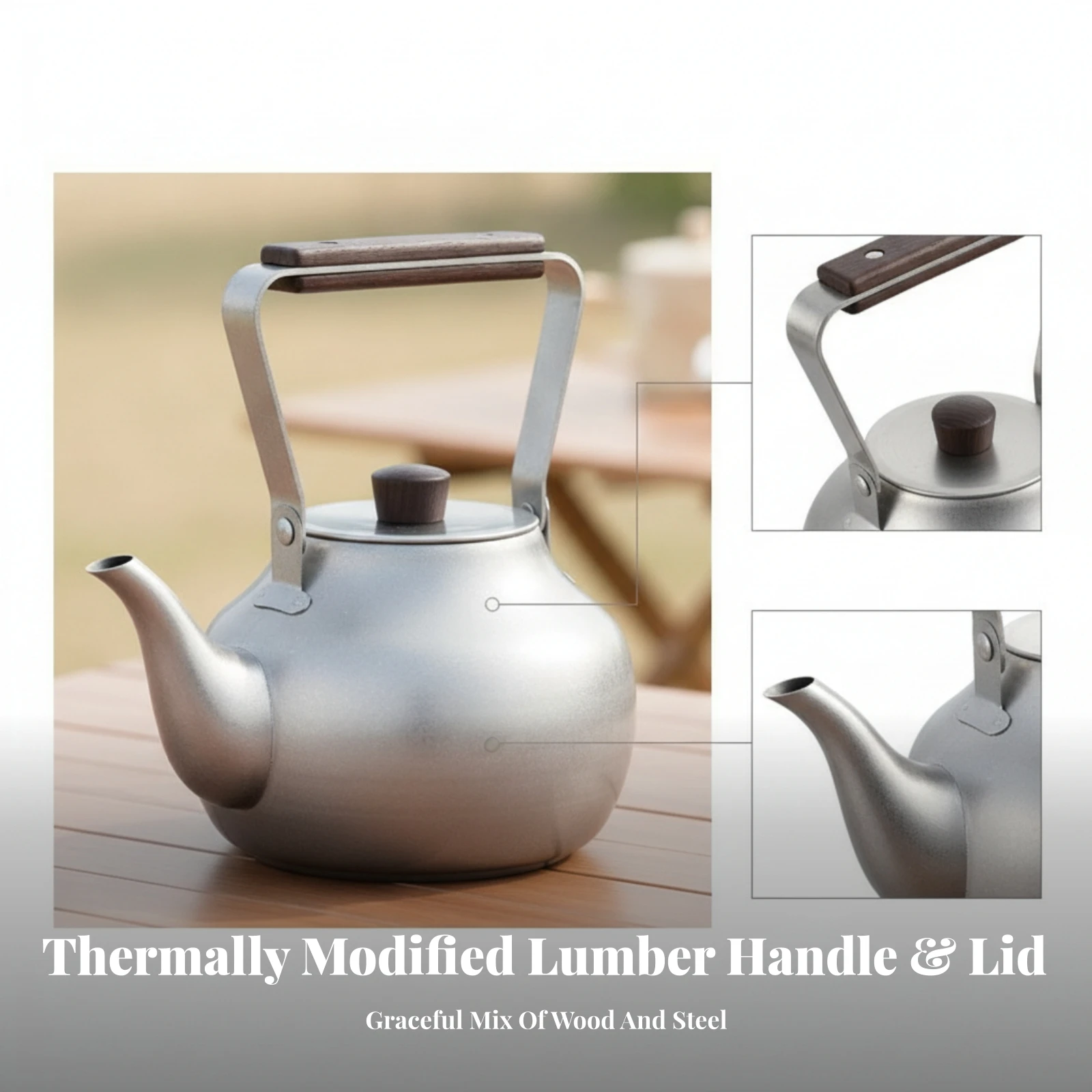 Food-Grade Drinkware Folding Handle Teapot Stainless Steel Teapot Stainless Steel Tea Kettle Retro Style Wooden Knob