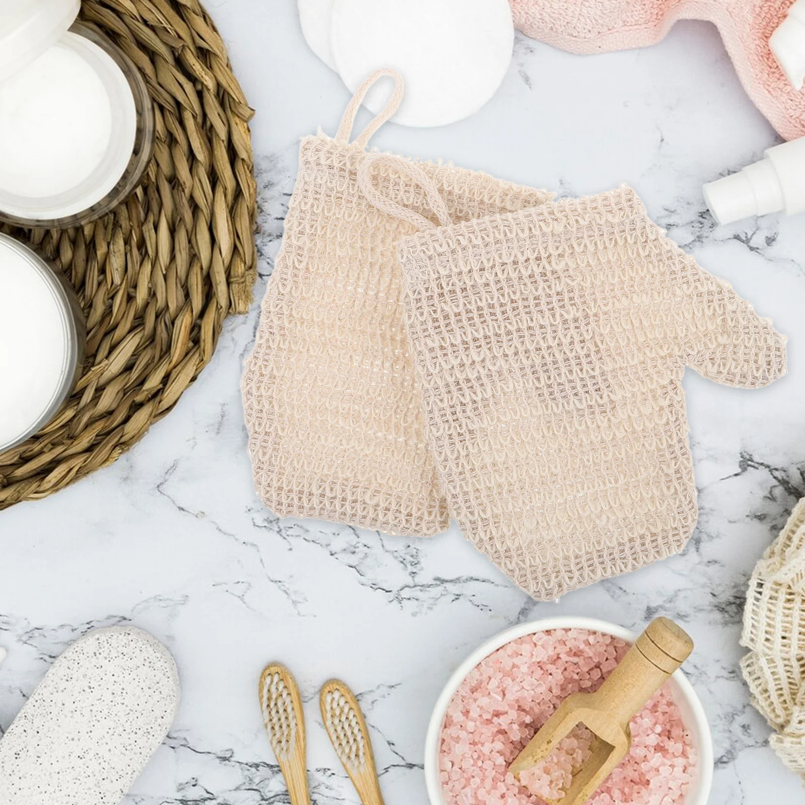 2 قطعة قفازات سنفرة الجسم القطن الكتان دش القفازات التقشير المزدوج الوجهين قفازات حمام لينة سبا الغسيل للرجال والنساء