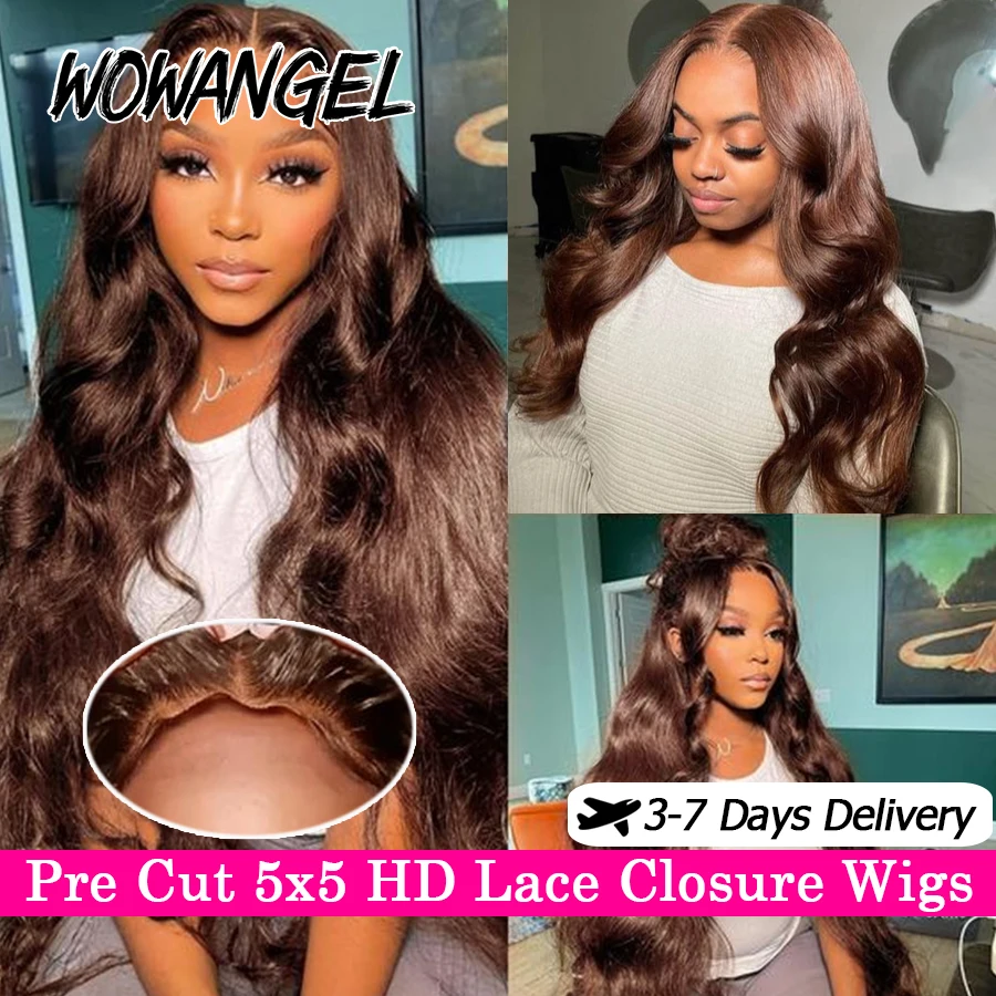 Wow Angel Pre Cut 5x5 HD Lace Closure Wigs 34in Chocolate Brown Body Wave Glueless Wigs Skins Melted Human Hair Wigs For Woman