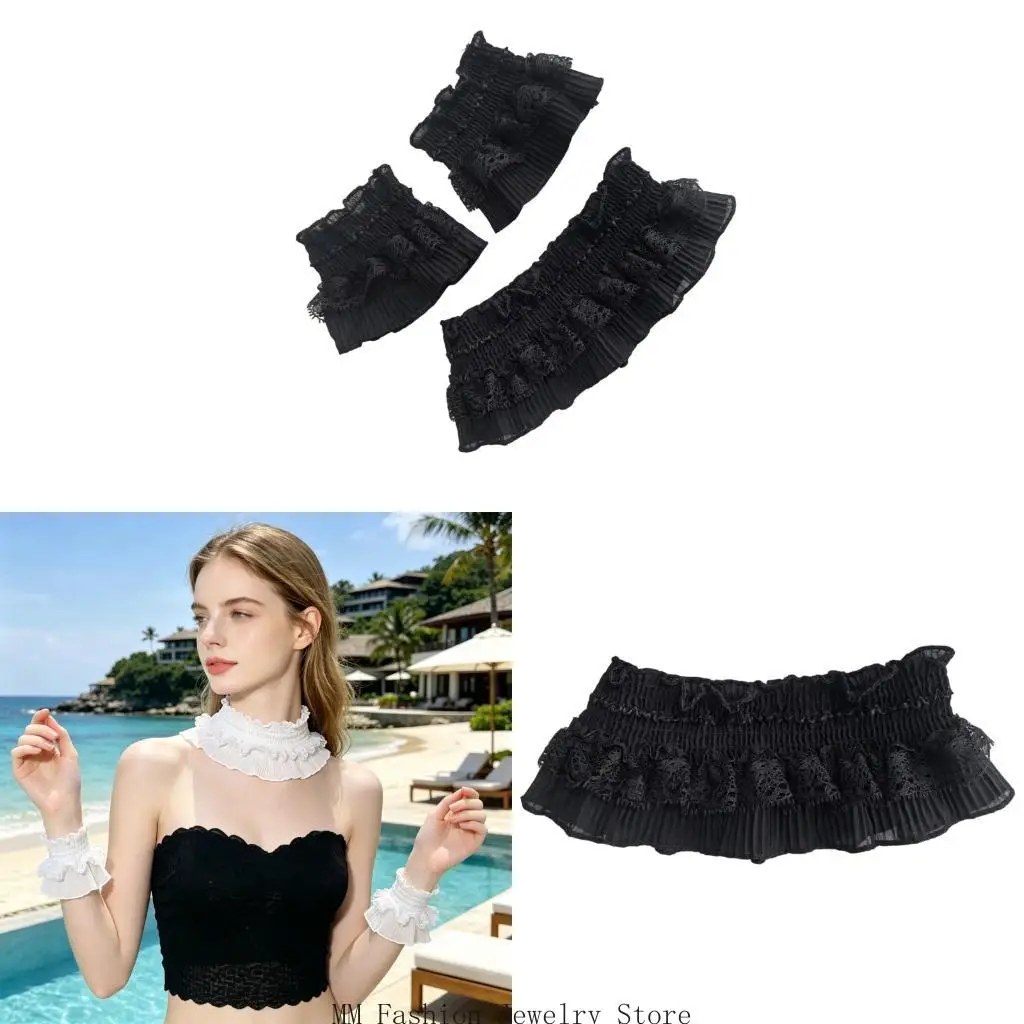 Adjustable Tie Ruffled Collar Wrist Cuffs For Victorian Age Costumes and Cosplay Halloween Accessory D0UB