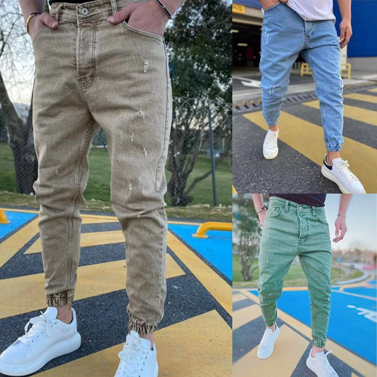 

Men Jeans Denim Pencil Pants Sheath Solid Color Holes Slim Mid Waist Slight Strech Ankle Length Pockets Casual Spring 2024