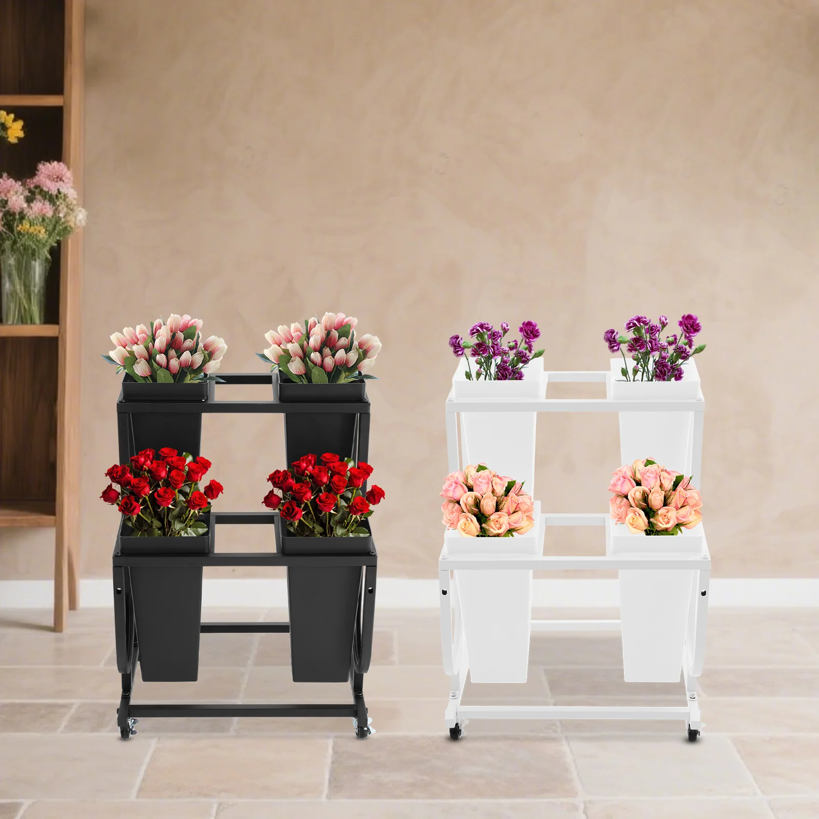 Espositore per fiori a 4 secchi a doppio livello, robusta struttura in metallo con ruote e freni lisci, design moderno bianco/nero per la casa