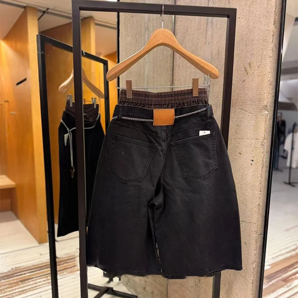 2025, Sommer, neuer Stil, limitierte Auflage, bunte Patchwork-Jeanshose mit doppelter Taille, locker sitzende Damenhose mit weitem Bein