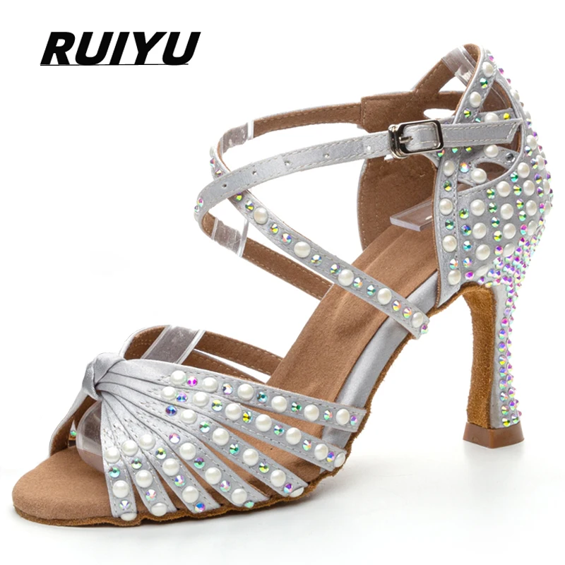 Latin Dance Shoes Women's Salsa Tango Ballroom Party Women's Shoes Silver Rhinestone Dance Heels Summer Outdoor Sneakers