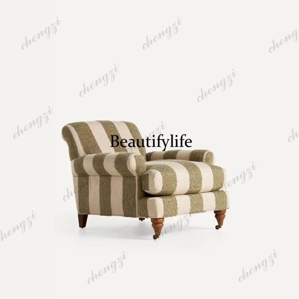 132 French retro olive green vertical striped single sofa with lamb wool splicing cotton linen living room leisure armchair