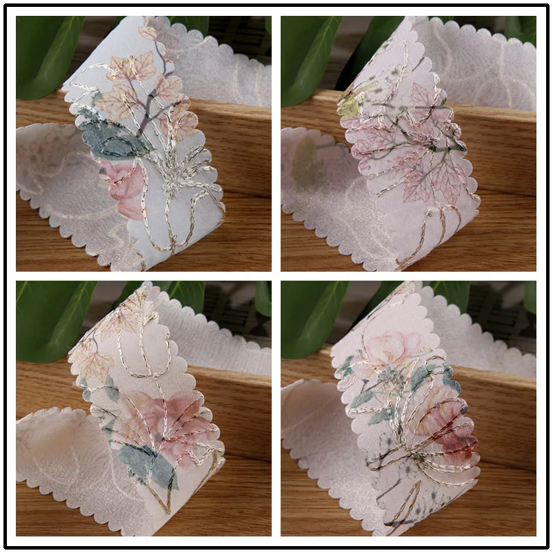 2Yards 38mm Golden Thread Vintage Flower Printed Organza Ribbon fit DIY Headwear Wedding Party Decoration Gift Wrapping